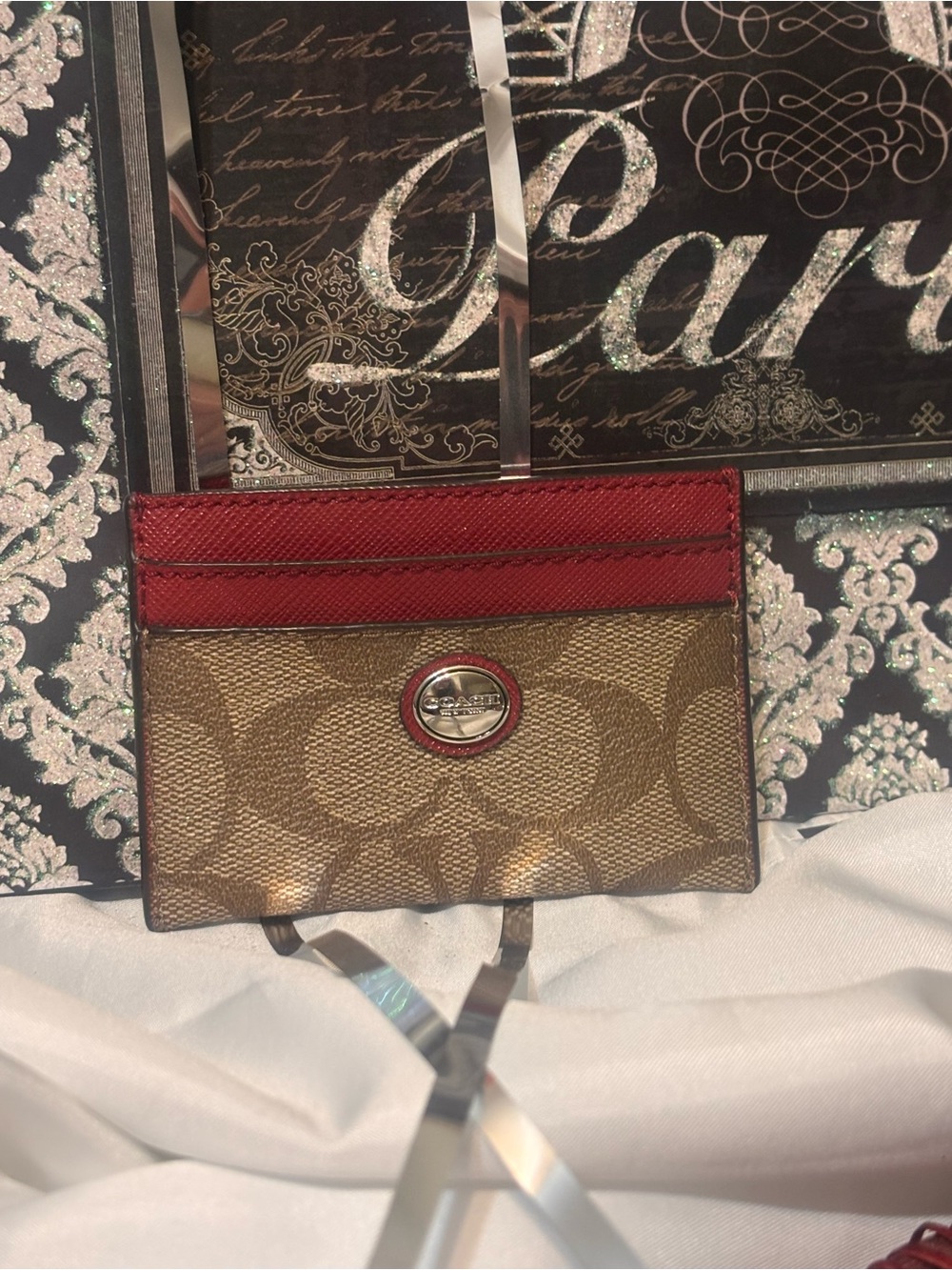 Coach Khaki Signature Canvas Card Holder with Red Trim